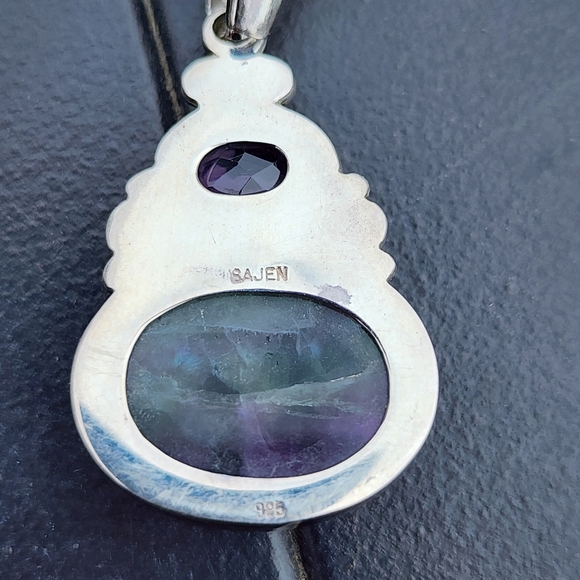 Sterling silver Sajen drop pendant amethyst fluorite cabachon jade green jewelry - Picture 6 of 6